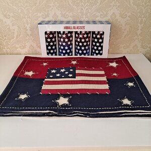 Patriotic American Flag Placemats and Highball Glasses, set of 4 of each, EUC